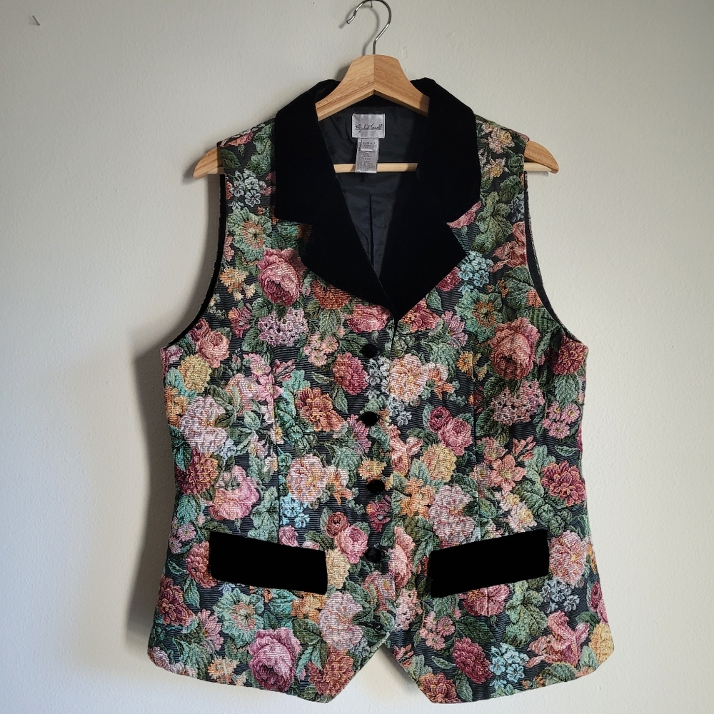Vintage 90s Elizabeth Terrell English Floral Cottagecore Velvet Tapestry Vest 14